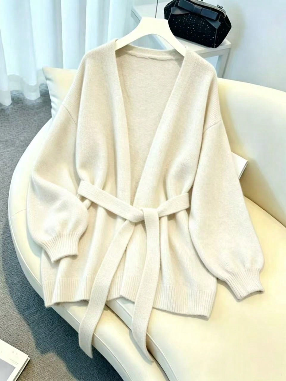 Elegant Casual Knitted Cardigan for Women, Loose Bohemian Style with Waist Tie, Autumn Winter Fashion