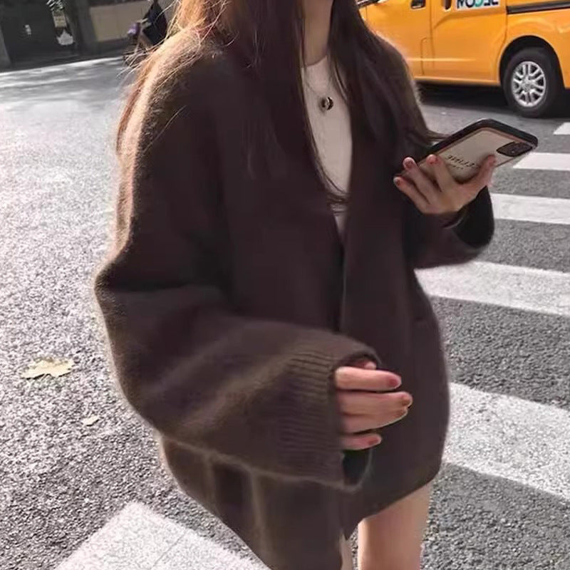 Faux Mink Knit Cardigan for Women, Mohair Soft Thick Loose Lazy Style Sweater Coat