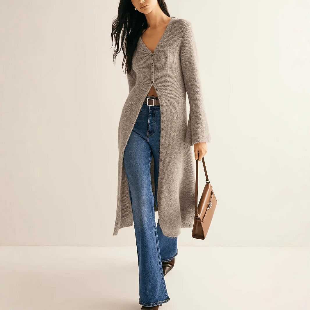Vintage Elegant Long Sleeve Cardigan Knit Sweater Mid-Length Coat