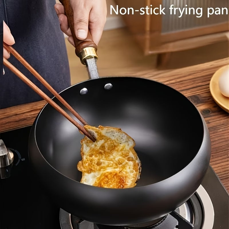 Hand-Forged Iron Wok 24/28cm – Uncoated with Wood Lid for Induction & Gas Stoves