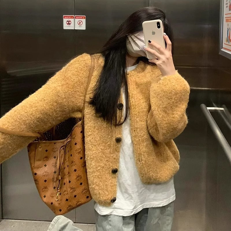 Soft Knit Cardigan Sweater for Women Yellow Short Length Autumn Outwear