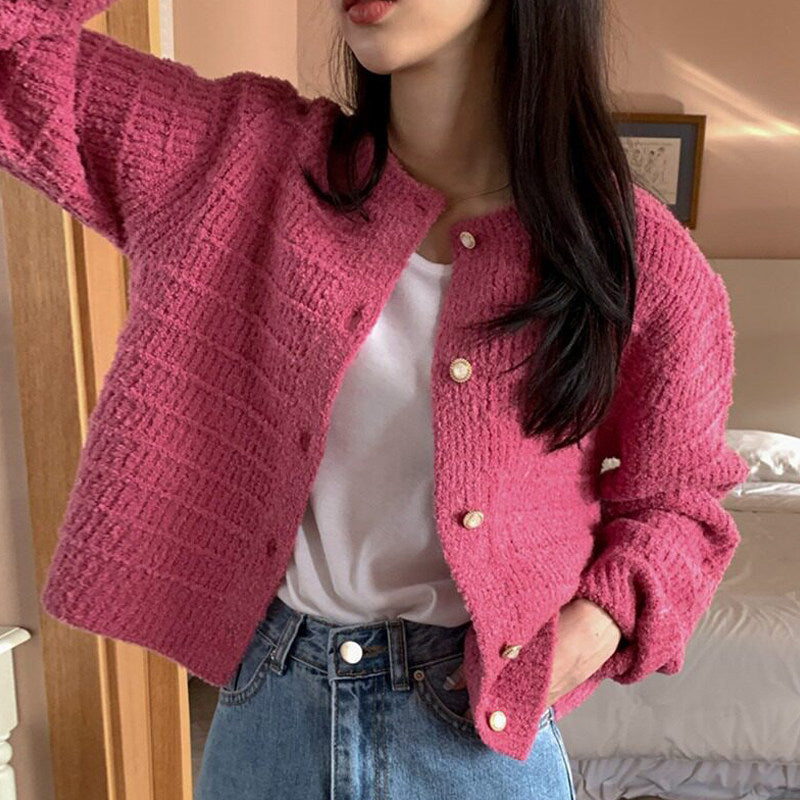 Cute Youthful Knit Cardigan for Women, Spring and Autumn Basic Sweater, Short Single-Button Coat Top