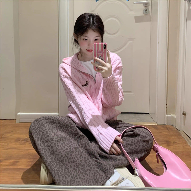 Blue Cable Knit Double-Zip Hooded Cardigan Coat for Women, Autumn Winter Lazy Style Loose Outerwear Open Front Sweater Top