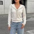 Collar contrasting striped tie sweater for women