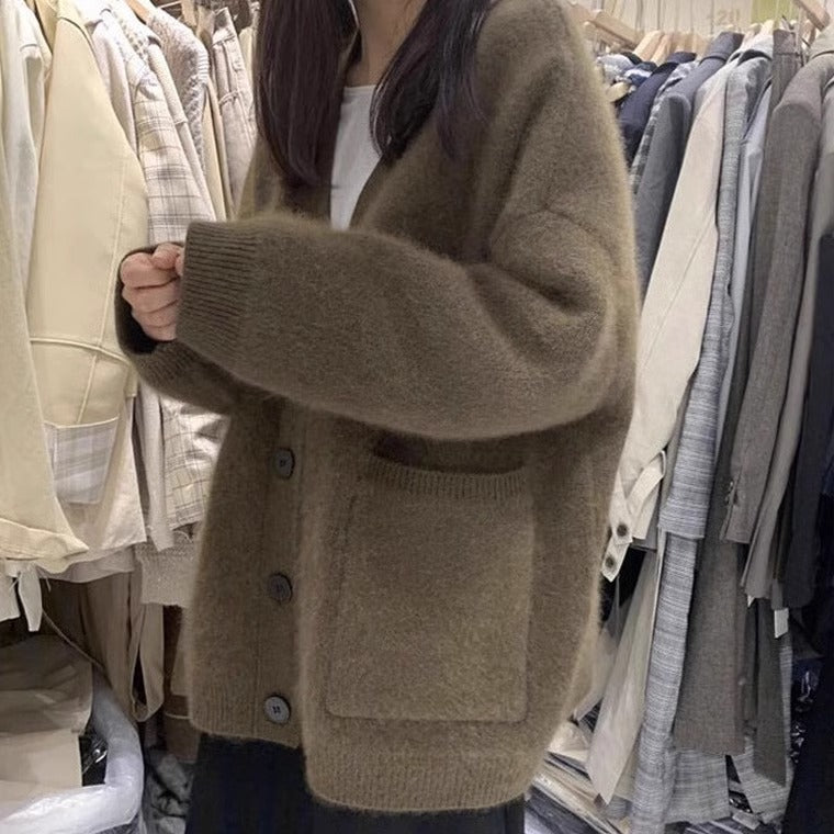 Faux Mink Knit Cardigan for Women, Mohair Soft Thick Loose Lazy Style Sweater Coat
