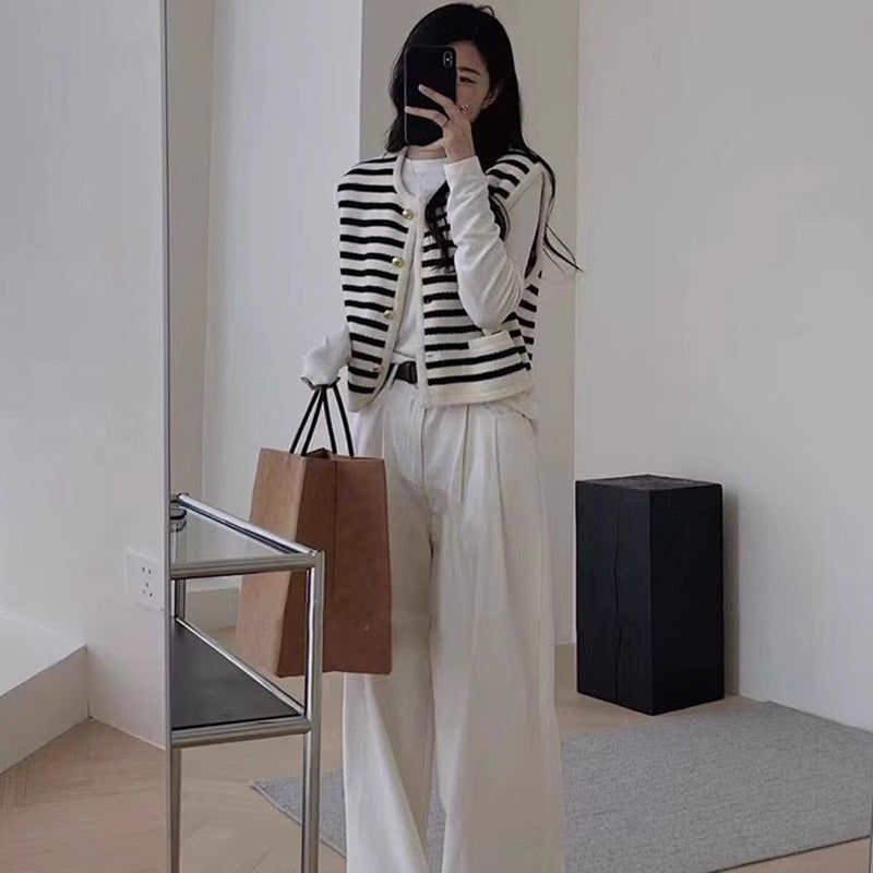 Chic Knitted Sweater Stripe Vest Women's Spring and Autumn Outerwear Sleeveless Cardigan Top