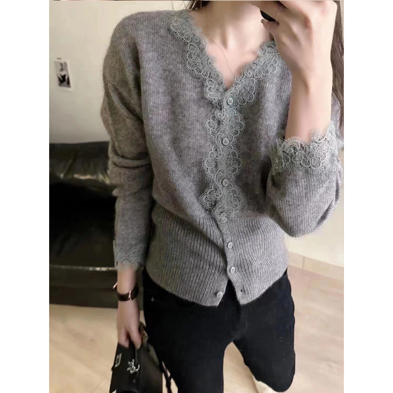 Lace Trim V-Neck Long Sleeve Knit Cardigan for Women, Versatile and Elegant Sweater Top