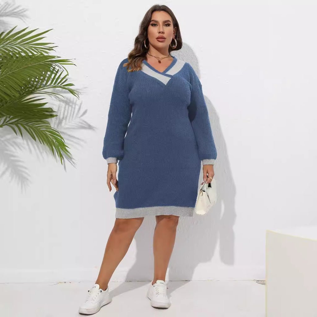 Ladies' Knitted Dress, Plus Size, Woven Knit, V-Neck, Color-block Splicing, Bodycon Silhouette, Sweater Dress