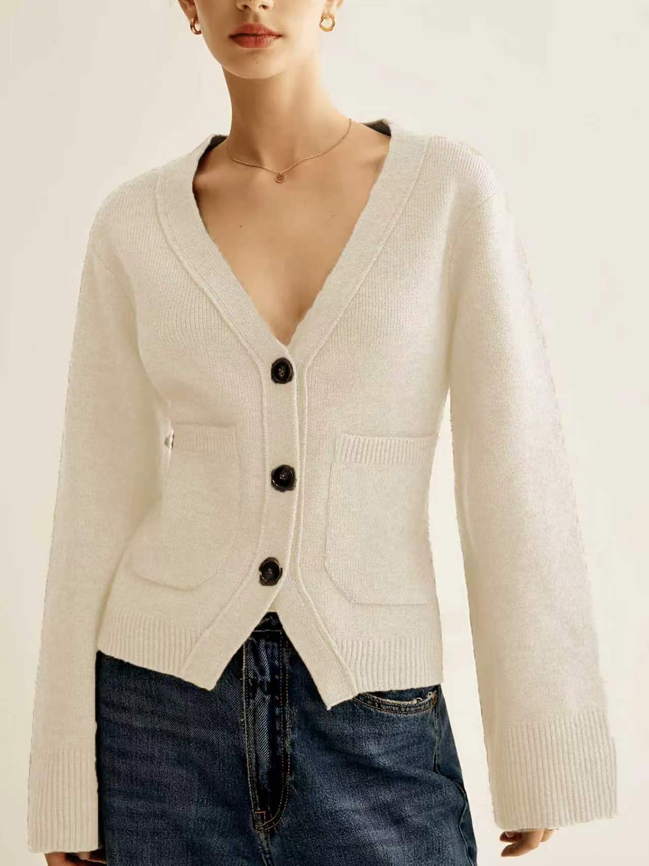 Elegant Casual Autumn/Winter Knit Cardigan Solid Color Front Button Simple Pocket Sweater Coat