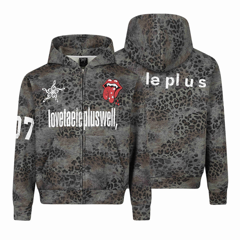 Leopard Print Camouflage Long Sleeve Hooded Loose Fit Zipper Front Sweatshirt