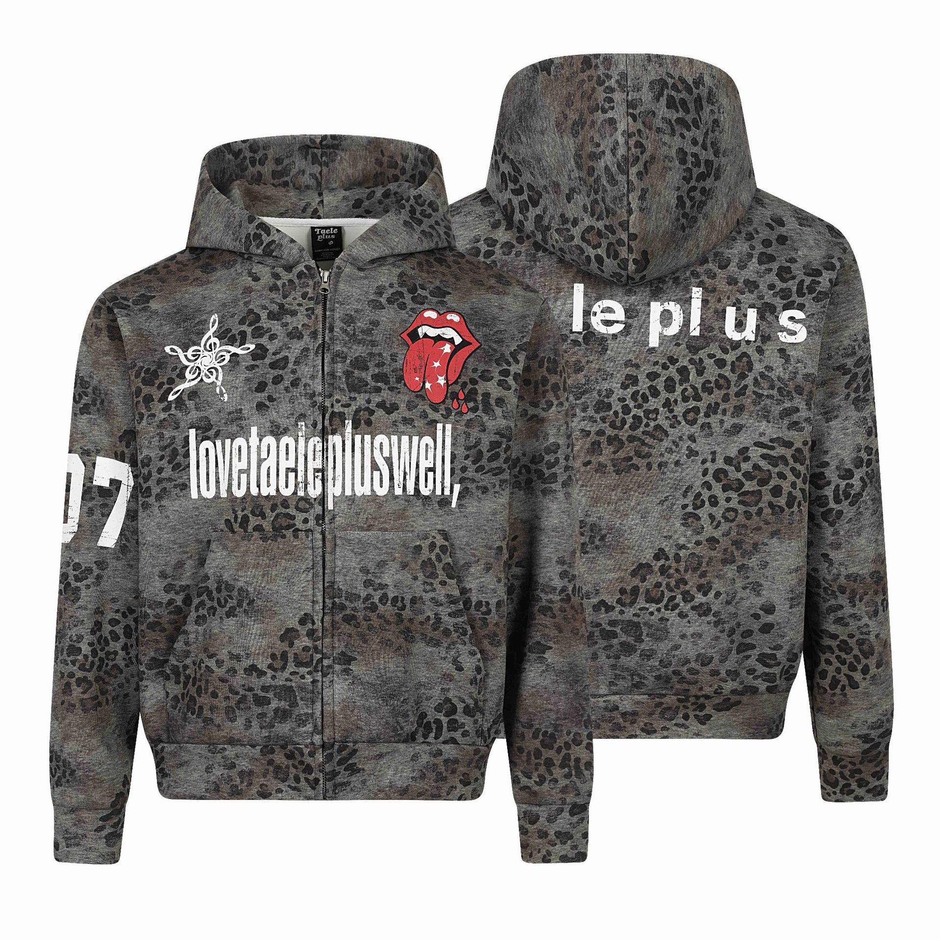 Leopard Print Camouflage Long Sleeve Hooded Loose Fit Zipper Front Sweatshirt