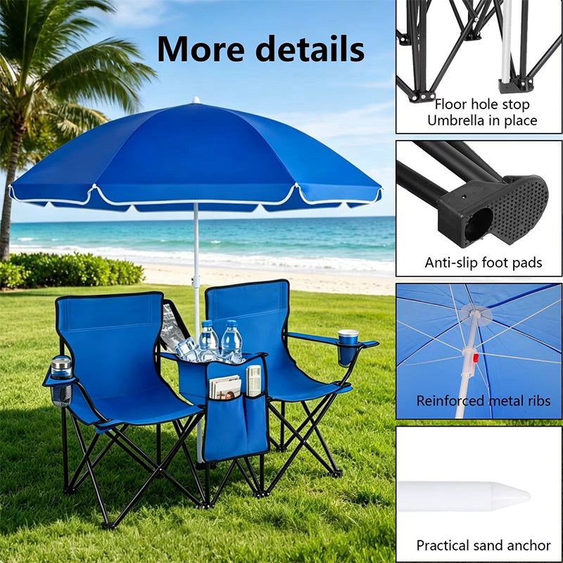 Double Camping Loveseat with Canopy – 600 lb Capacity Foldable Outdoor Chair with Cup Holders & Side Table