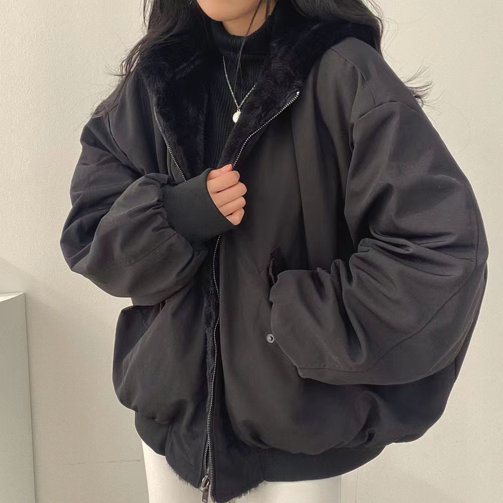 Fleece Lined Reversible Shearling Cotton Coat Women's Outerwear Winter Zipper Hooded Cotton Jacket Top
