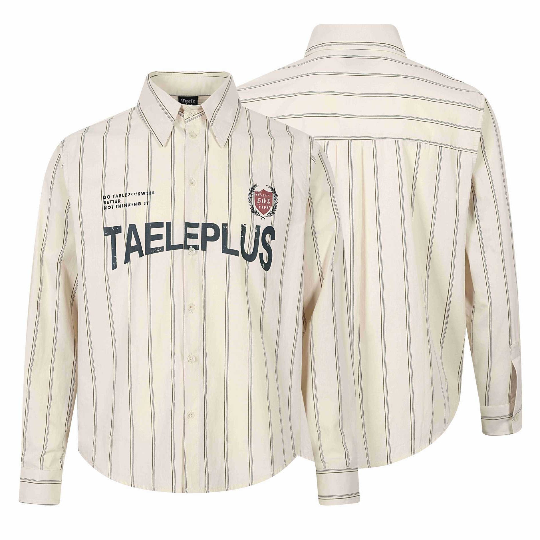 Striped Letter Badge Printed Basic Turn-Down Collar Long Sleeve Shirt