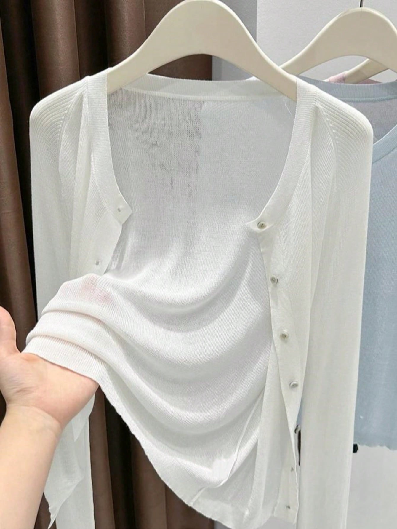 Spring Summer Women's Knit Cardigan Solid Color Round Neck Long Sleeve Lightweight Semi-Transparent Lyocell Tencel Cardigan