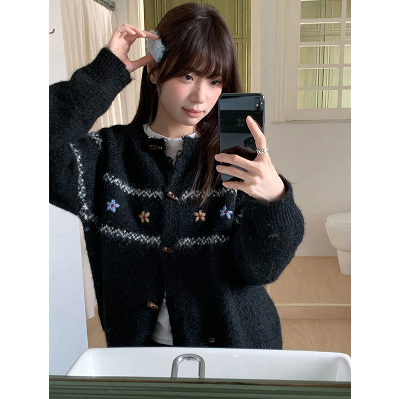 Soft Knit Sweater for Women with Horn Button and Embroidered Design Cozy and Comfortable, Retro Fashion, Spring and Autumn Wear
