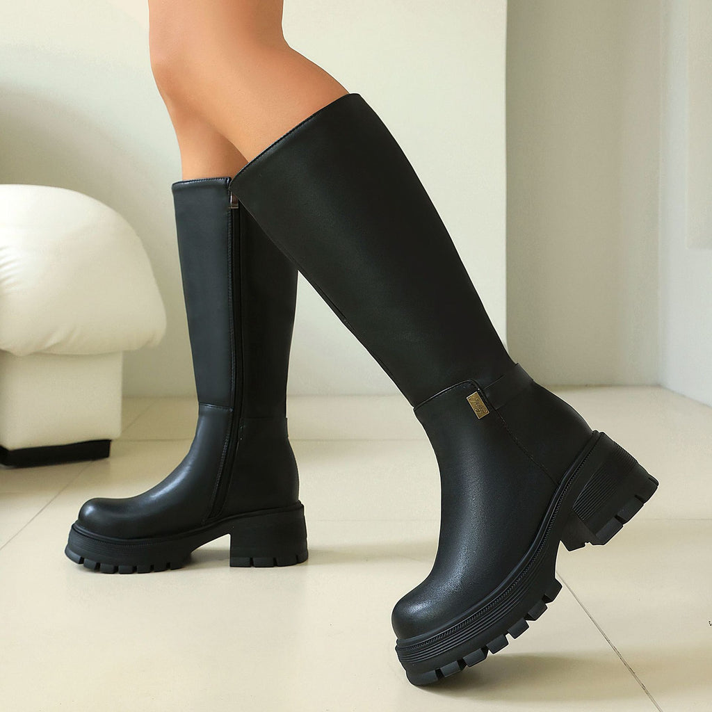 Black Knee-High Chunky Heel Boots