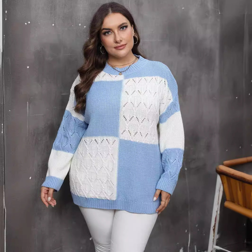 Women's Pullover Sweater with Color-blocked Patchwork Plaid Design