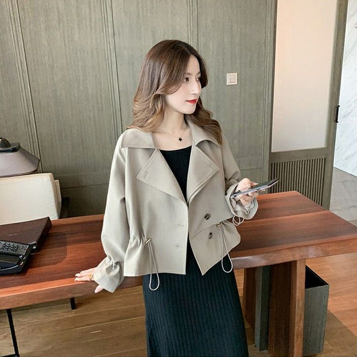 Women's autumn new women's clothing Korean version drawstring solid color short style windbreaker goddess versatile small and light mature top