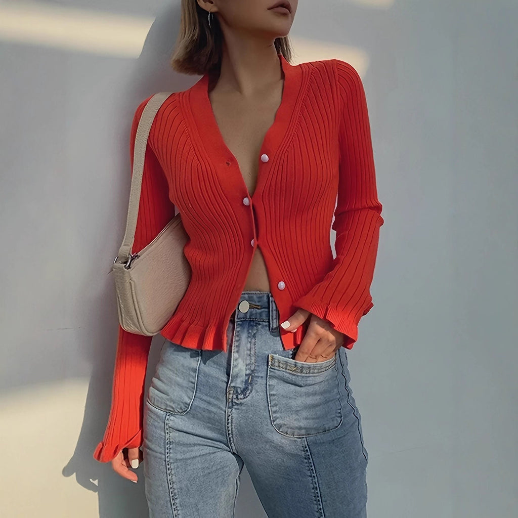 Women’s Elegant V-Neck Ruffle Knit Cardigan