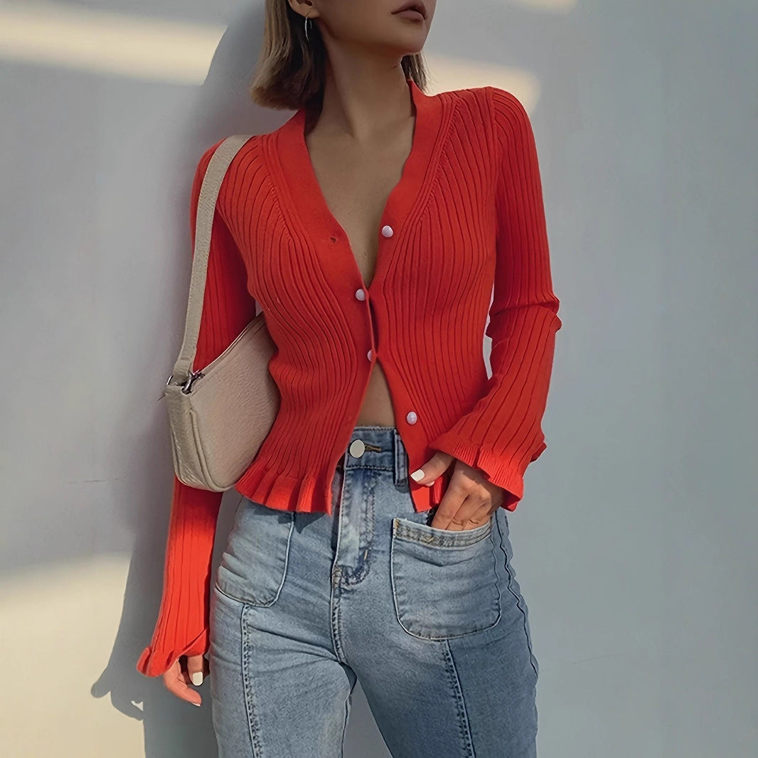 Women’s Elegant V-Neck Ruffle Knit Cardigan