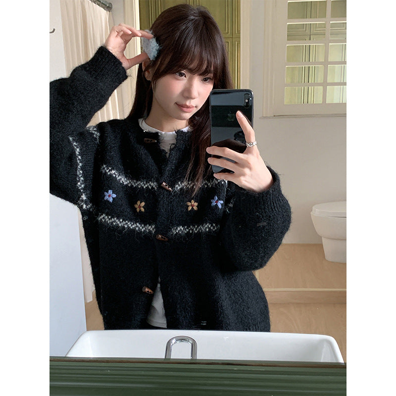 Soft Knit Sweater for Women with Horn Button and Embroidered Design Cozy and Comfortable, Retro Fashion, Spring and Autumn Wear