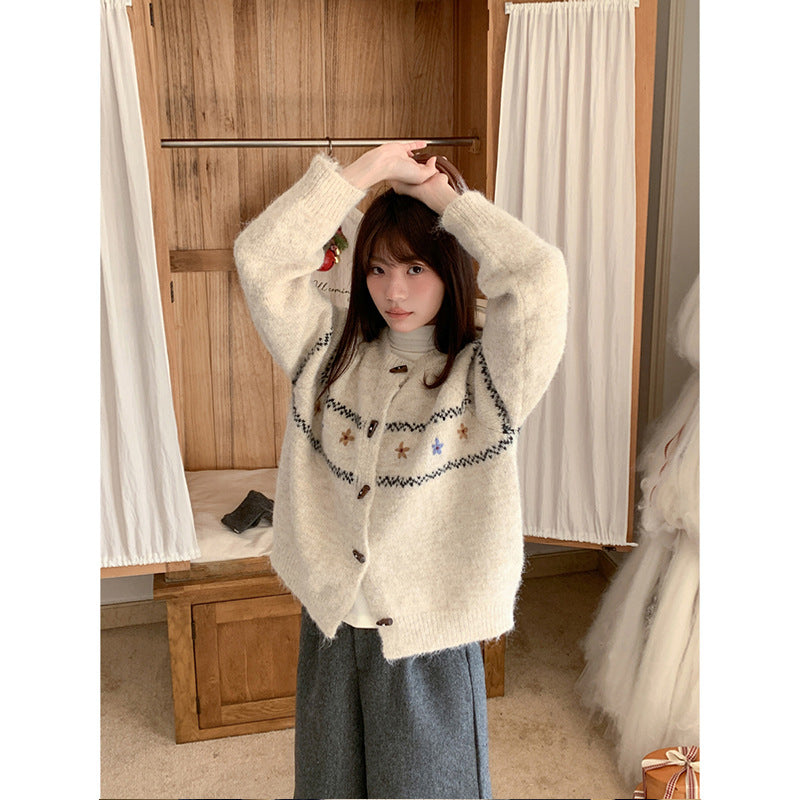 Soft Knit Sweater for Women with Horn Button and Embroidered Design Cozy and Comfortable, Retro Fashion, Spring and Autumn Wear