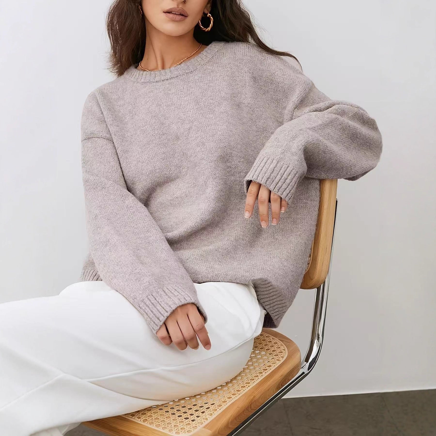 Solid Color Round Neck Sweater for Women, Soft Knit Top for Autumn and Winter