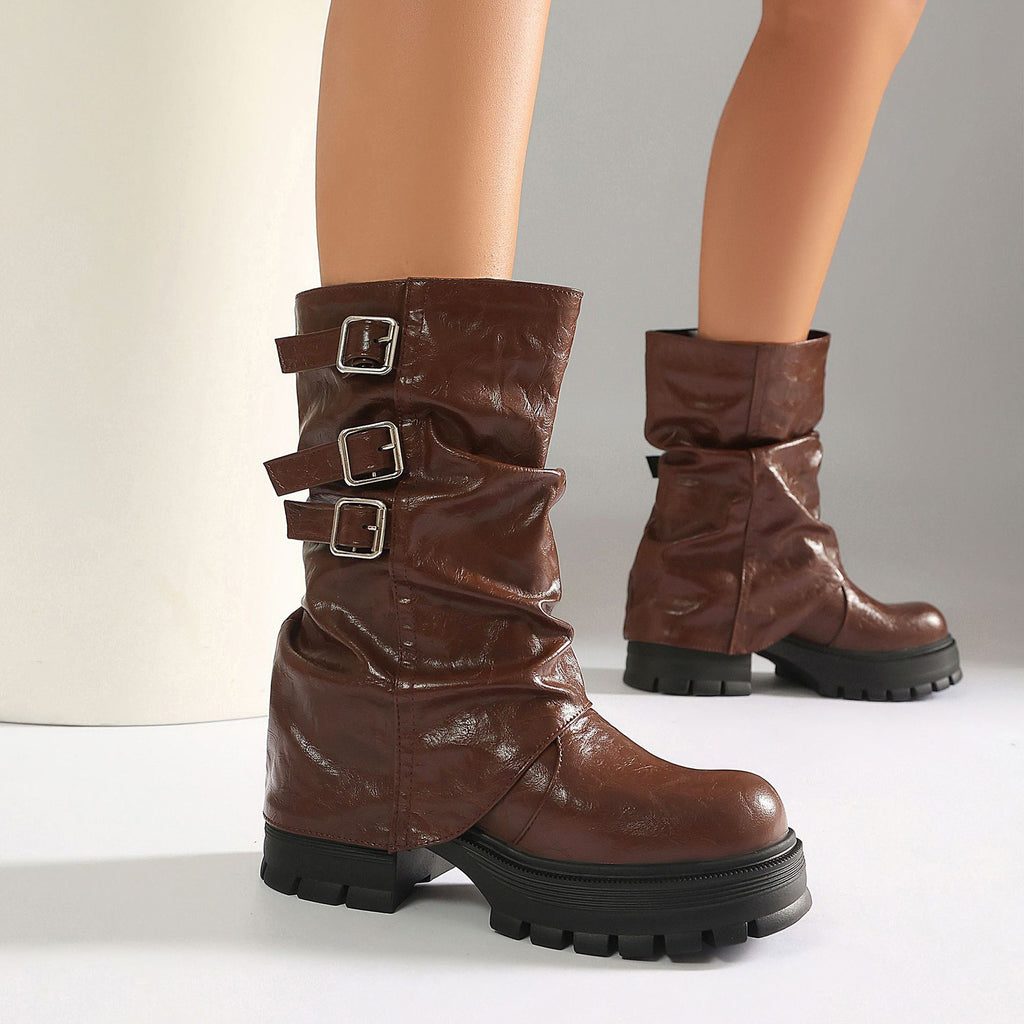 Brown Buckle Chunky Boots