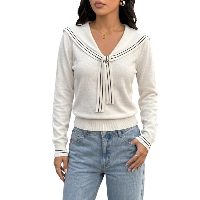Collar contrasting striped tie sweater for women