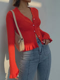 Women’s Elegant V-Neck Ruffle Knit Cardigan