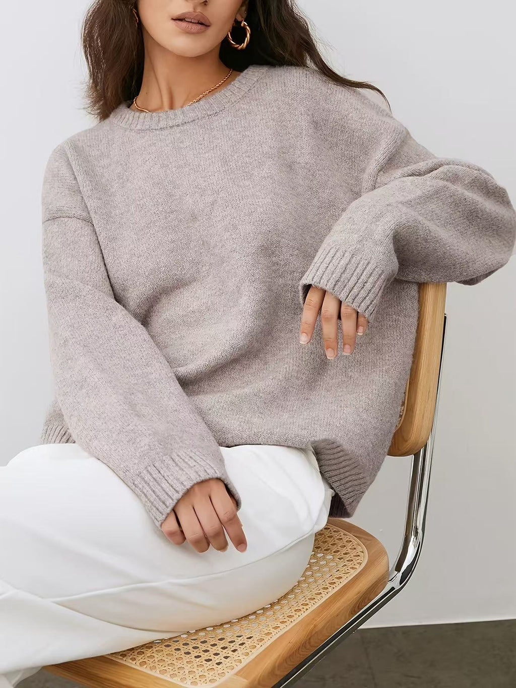 Solid Color Round Neck Sweater for Women, Soft Knit Top for Autumn and Winter