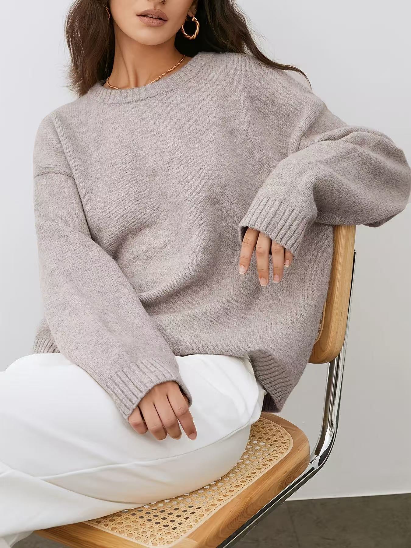 Solid Color Round Neck Sweater for Women, Soft Knit Top for Autumn and Winter