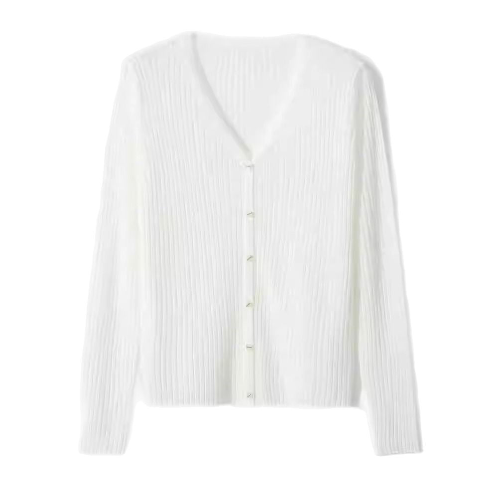 Fashion V-Neck Long Sleeve Lightweight Air Conditioning Sun Protection Ice Silk Knit Cardigan for Women, Simple and Versatile