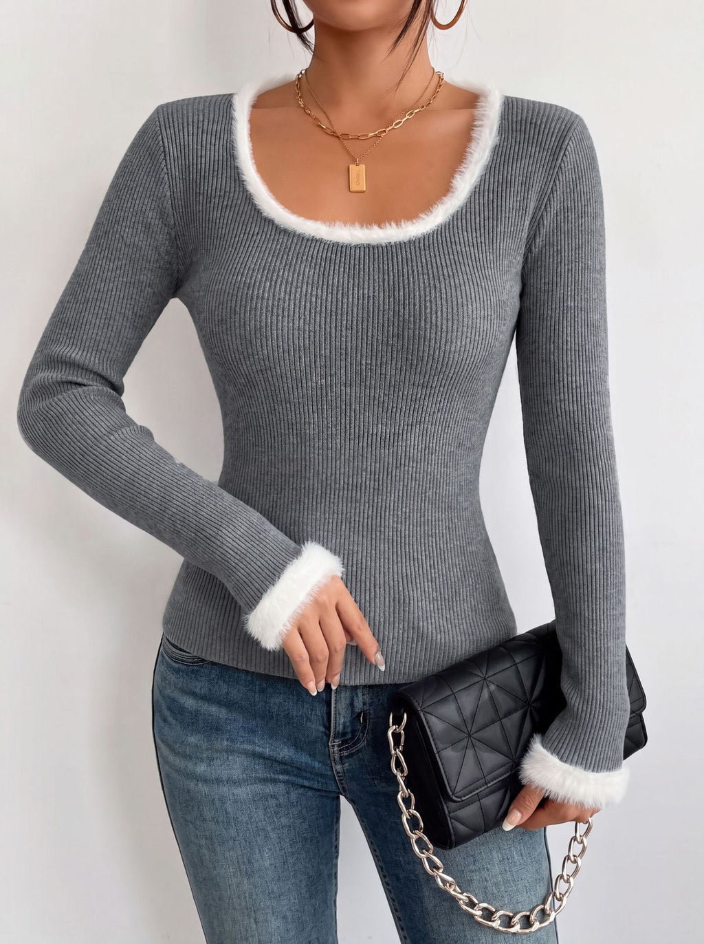 Women’s Ribbed Knit Long Sleeve Sweater – Gray