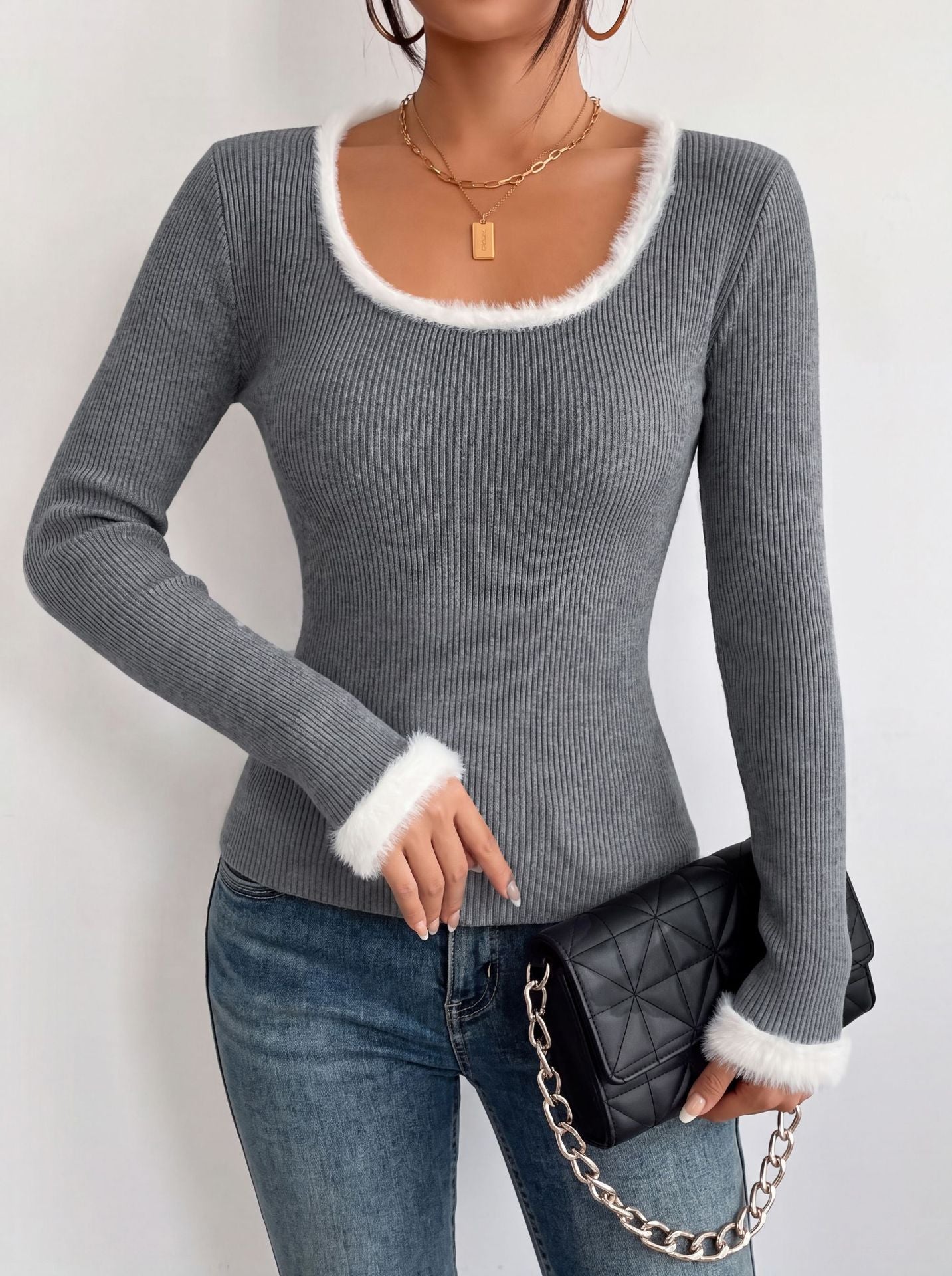 Women’s Ribbed Knit Long Sleeve Sweater – Gray