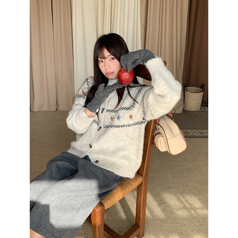 Soft Knit Sweater for Women with Horn Button and Embroidered Design Cozy and Comfortable, Retro Fashion, Spring and Autumn Wear