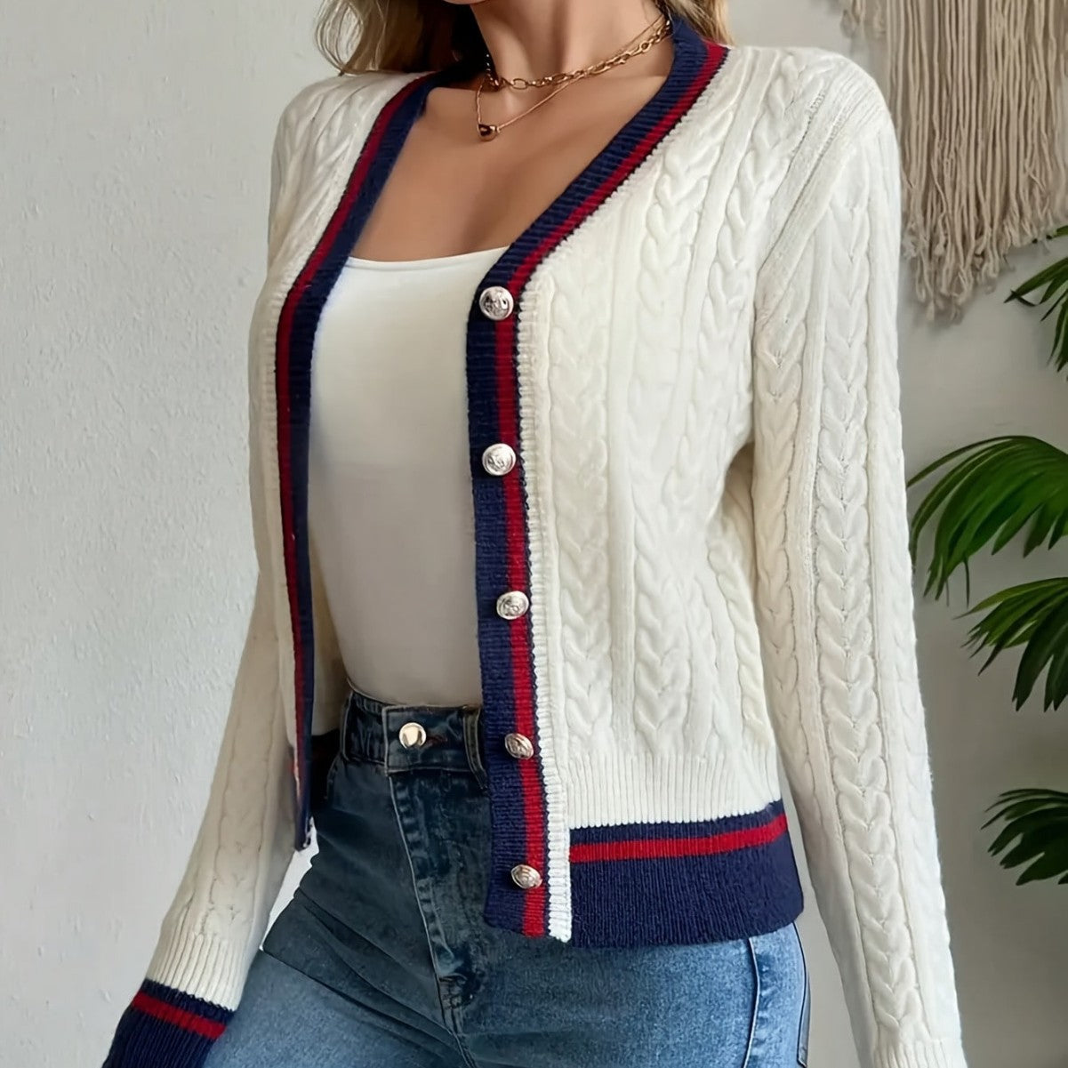 Autumn/Winter Women's V-Neck Color-Block  Button Knit Cardigan Elegant Knit Sweater