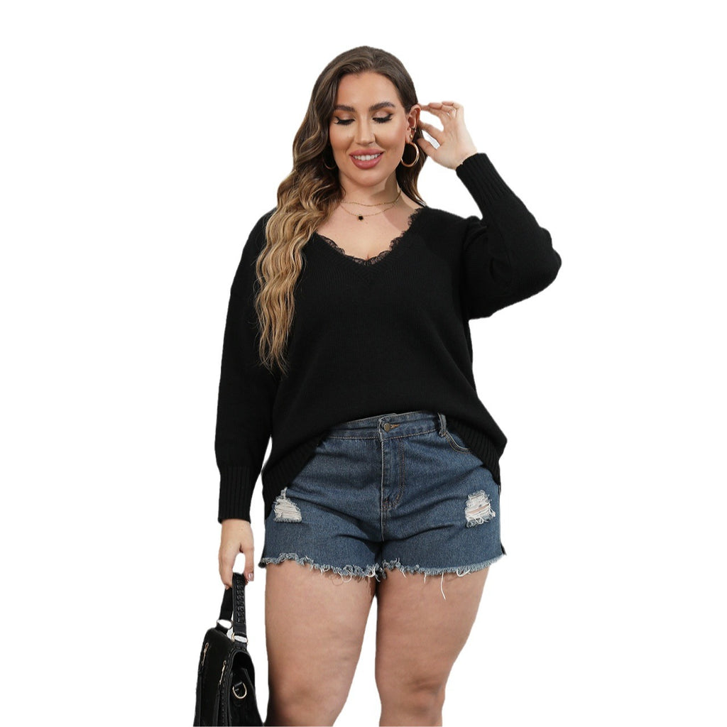 Women's Knitwear with Lace Patchwork V-Neck Pullover, Oversized Western Style Sweater