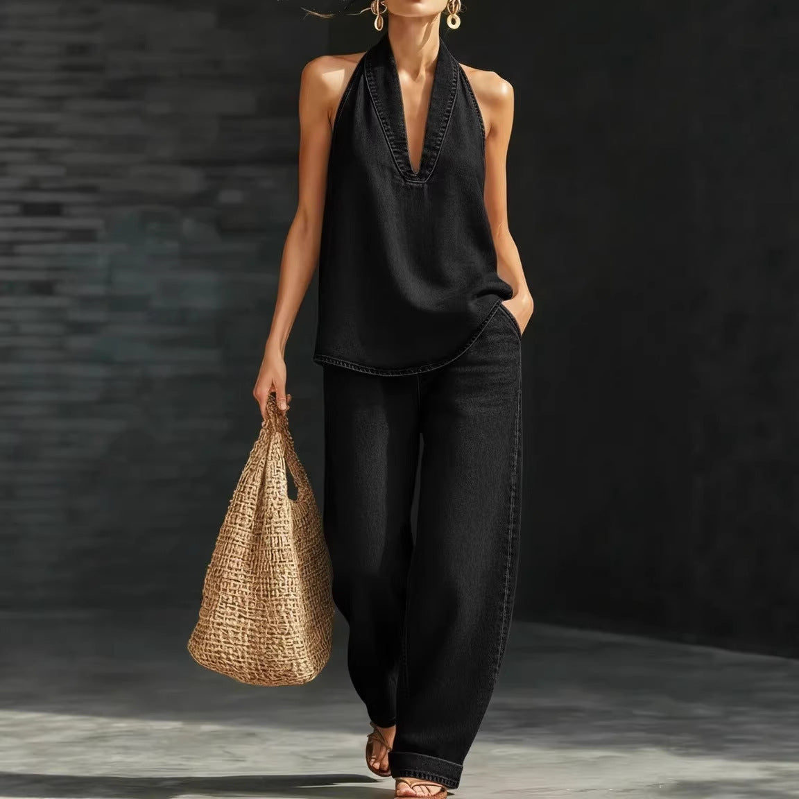 V-neck sleeveless top straight leg pants set