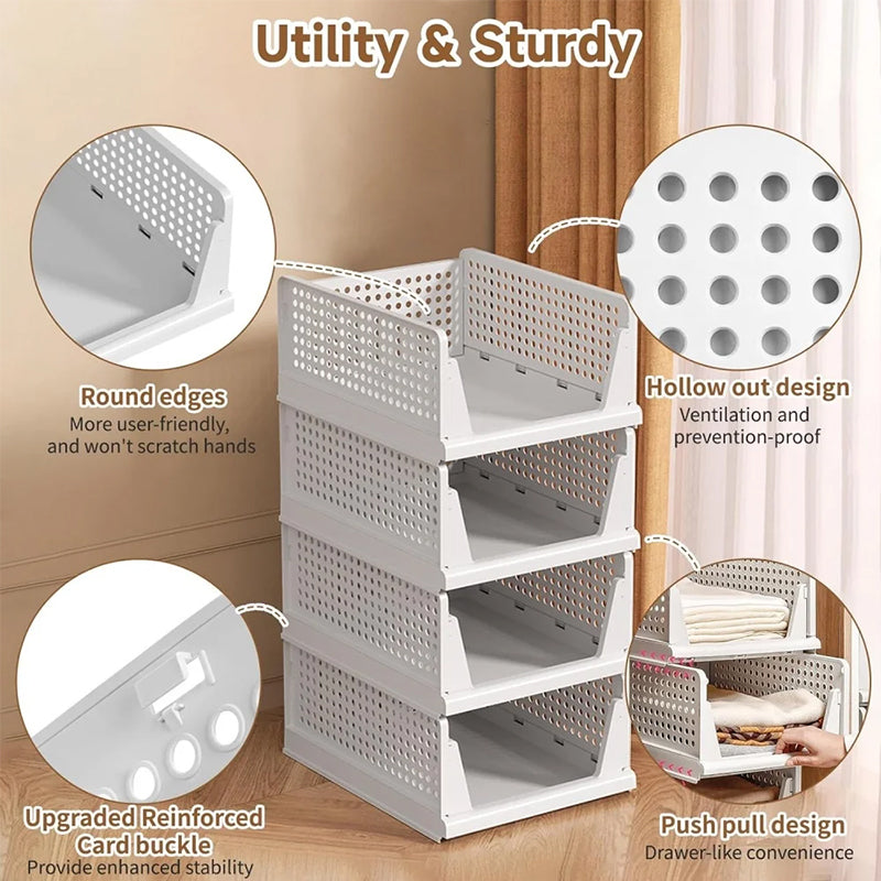 4-Pack Stackable Plastic Closet Organizer Bins – Foldable Storage Baskets with Slide-Out Rails