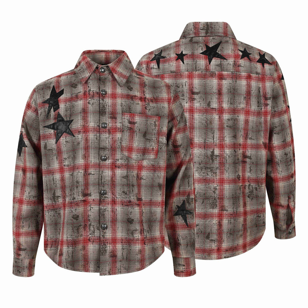 Star Applique Embroidery Design Plaid Long Sleeve Shirt