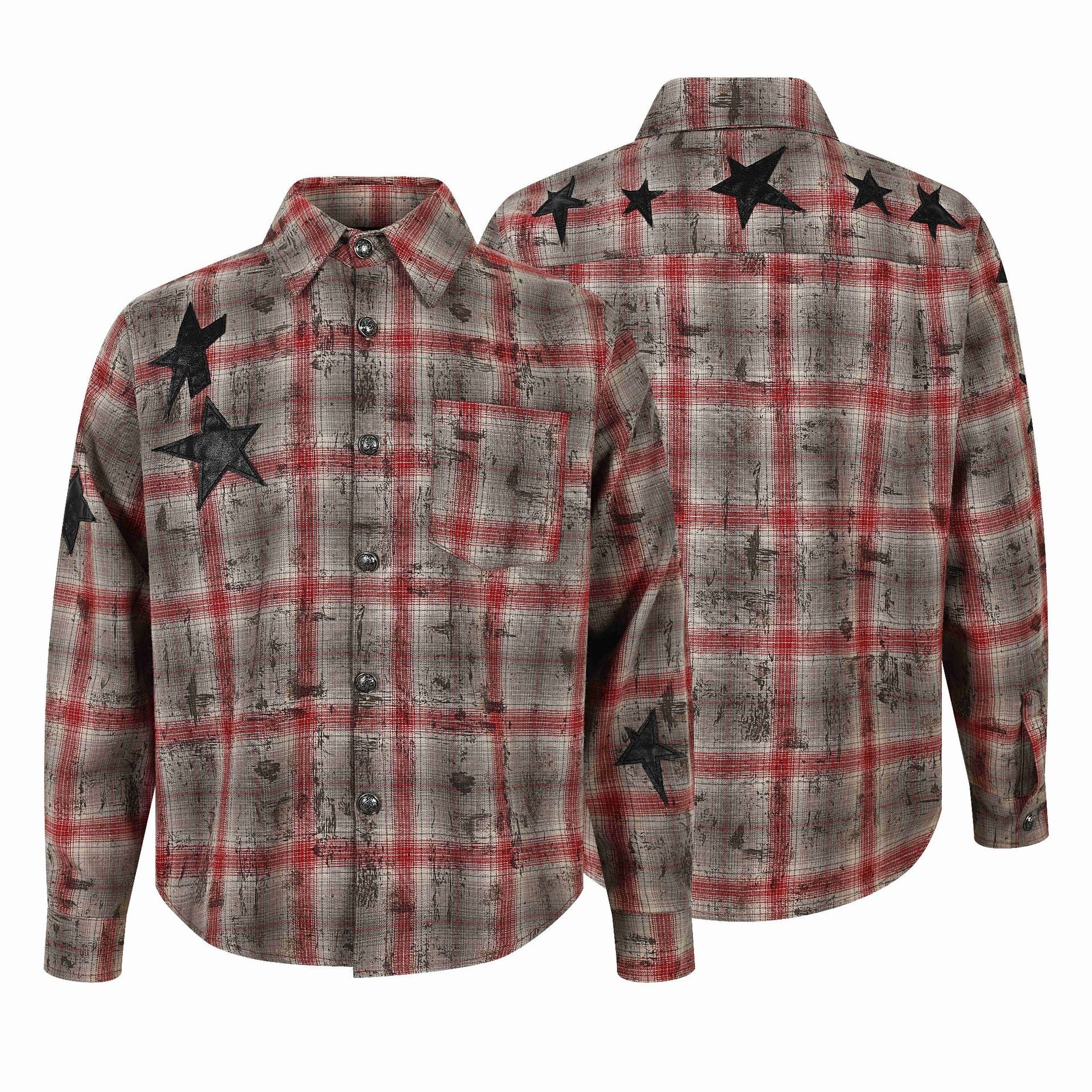 Star Applique Embroidery Design Plaid Long Sleeve Shirt