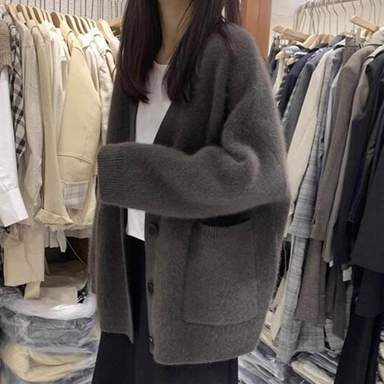 Faux Mink Knit Cardigan for Women, Mohair Soft Thick Loose Lazy Style Sweater Coat