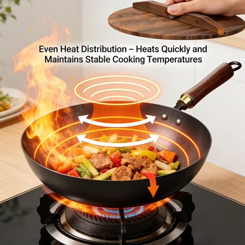 Hand-Forged Iron Wok 24/28cm – Uncoated with Wood Lid for Induction & Gas Stoves