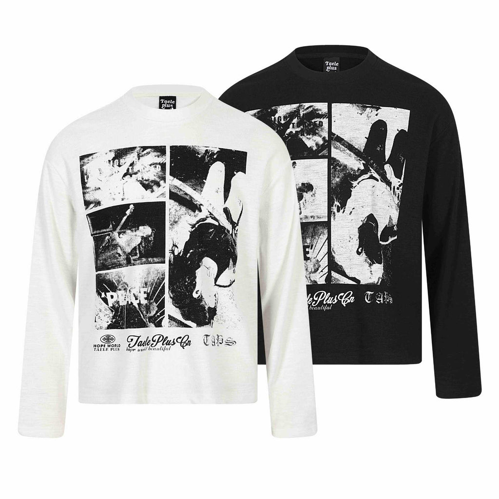 Rock Print Design Long Sleeve Distressed Washed Look Loose Fit T-Shirt