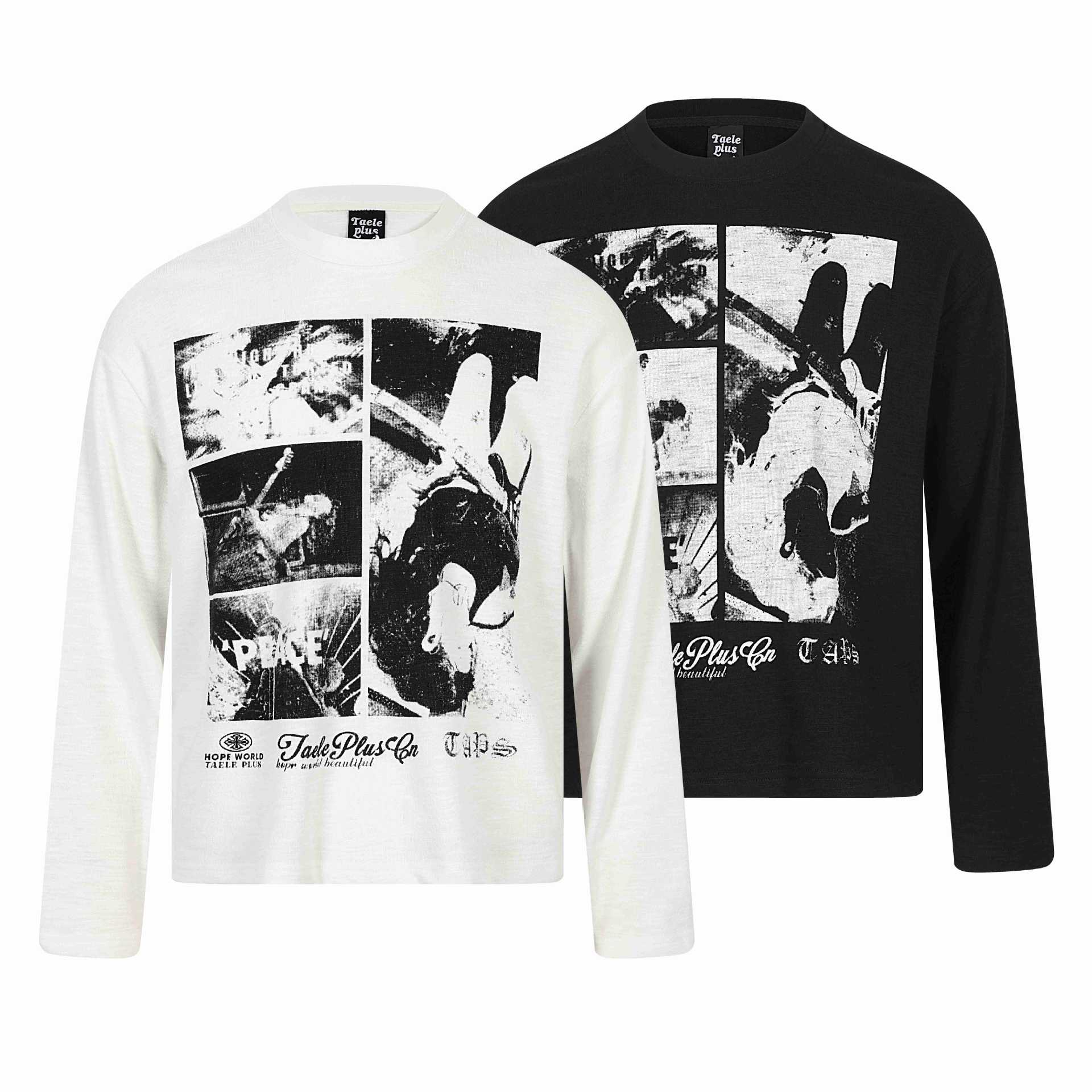 Rock Print Design Long Sleeve Distressed Washed Look Loose Fit T-Shirt