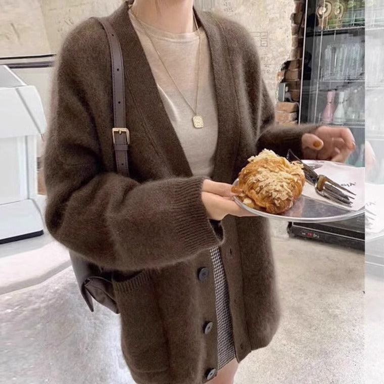 Faux Mink Knit Cardigan for Women, Mohair Soft Thick Loose Lazy Style Sweater Coat