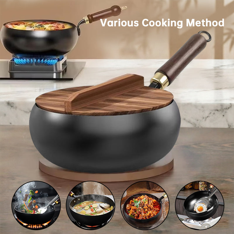 Hand-Forged Iron Wok 24/28cm – Uncoated with Wood Lid for Induction & Gas Stoves