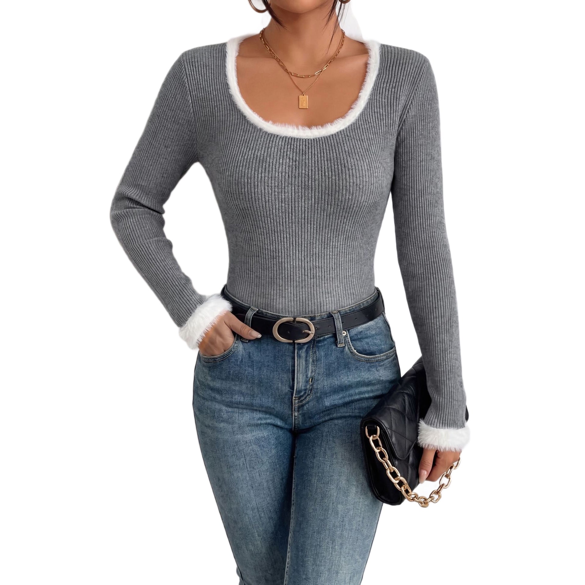 Women’s Ribbed Knit Long Sleeve Sweater – Gray